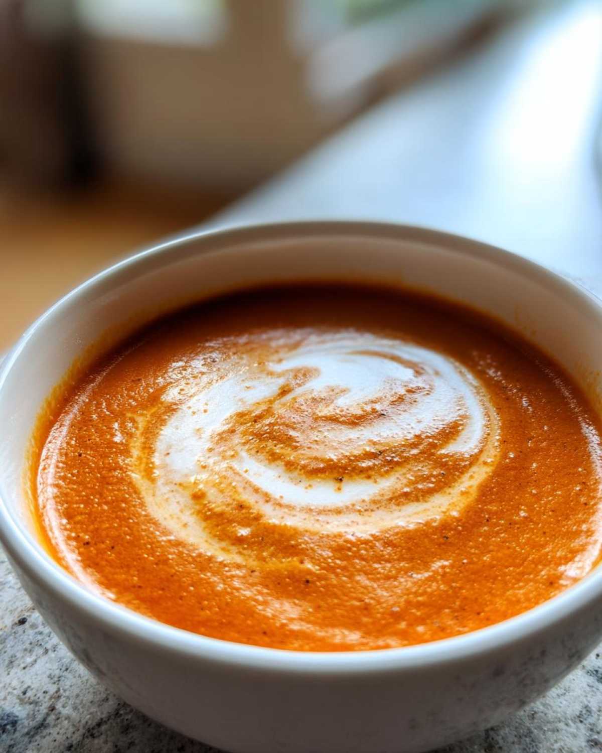 Close-up of rich orange Instant Pot Creamy Tomato Bisque topped with a white cream swirl.