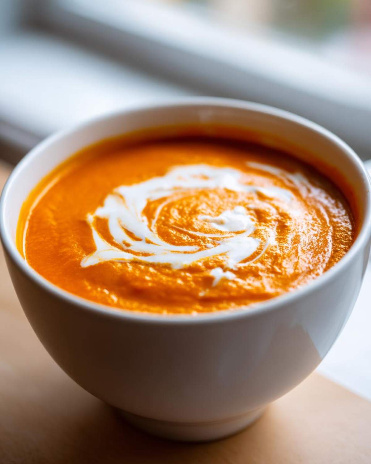 Close-up of a bowl of vibrant orange Instant Pot Creamy Tomato Bisque topped with a swirl of white cream.