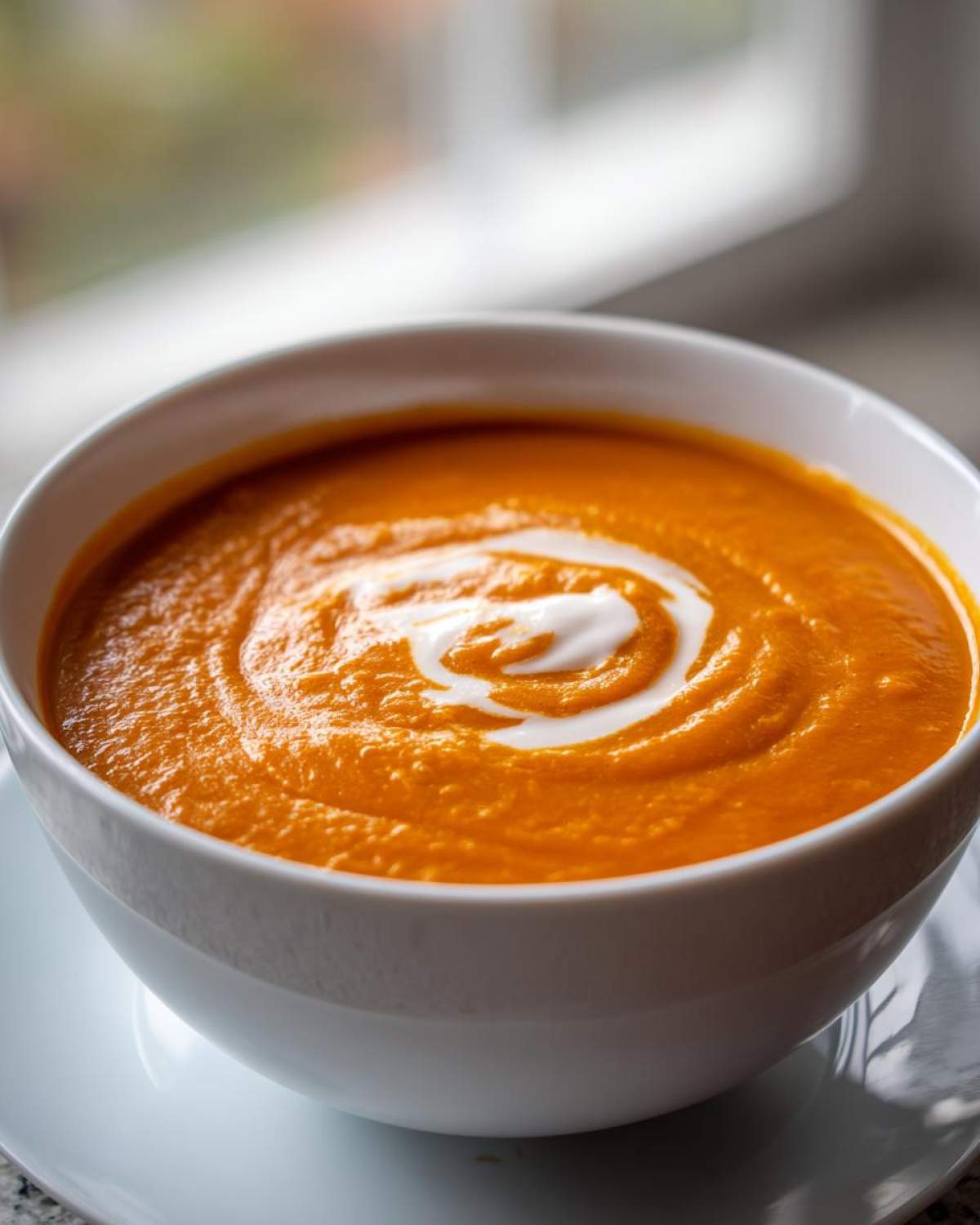 Close-up of a white bowl filled with vibrant orange Instant Pot Creamy Tomato Bisque, topped with a swirl of cream.