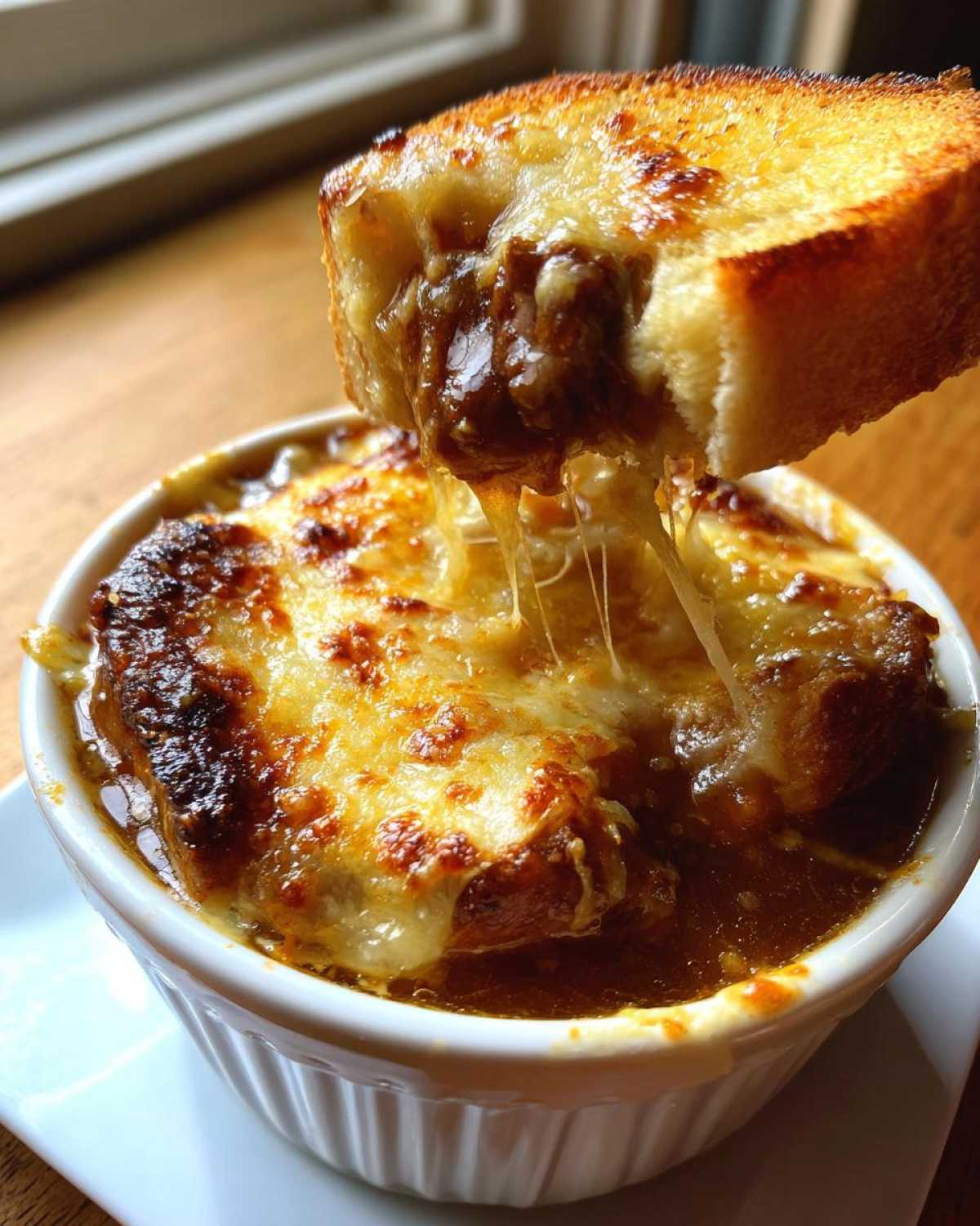 A piece of toasted bread, covered in melted, browned cheese, is being lifted from a bowl of Instant Pot French Onion Soup, showing a cheese pull.
