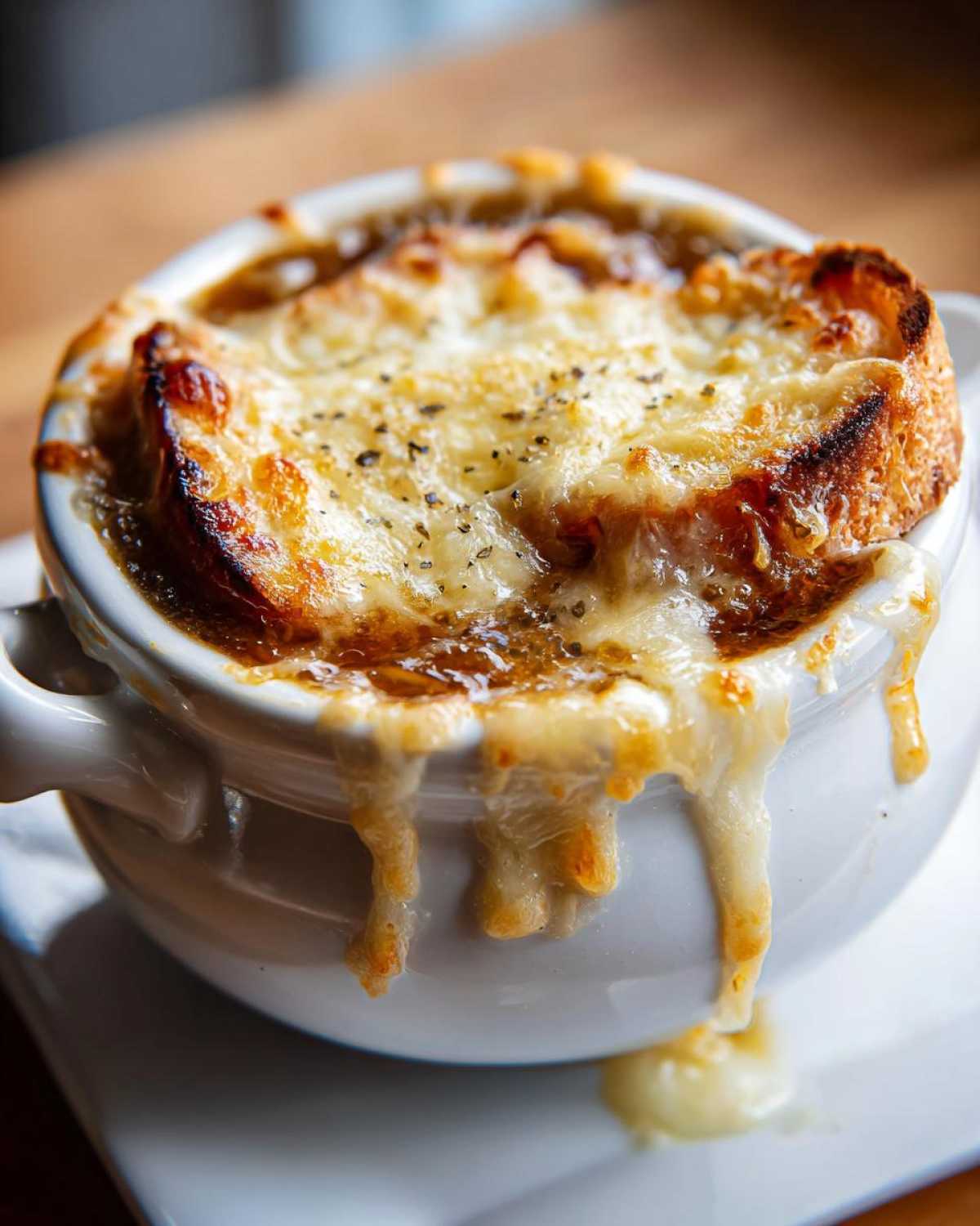 Close-up of bubbling, melted cheese dripping over a crock of Instant Pot French Onion Soup.