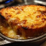 Close-up of a toasted bread slice covered in melted, browned cheese floating on top of Instant Pot French Onion Soup.