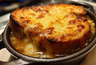 Close-up of a toasted bread slice covered in melted, browned cheese floating on top of Instant Pot French Onion Soup.