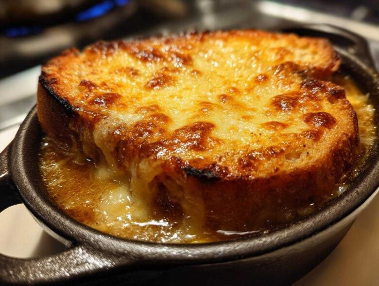 Close-up of a toasted bread slice covered in melted, browned cheese floating on top of Instant Pot French Onion Soup.