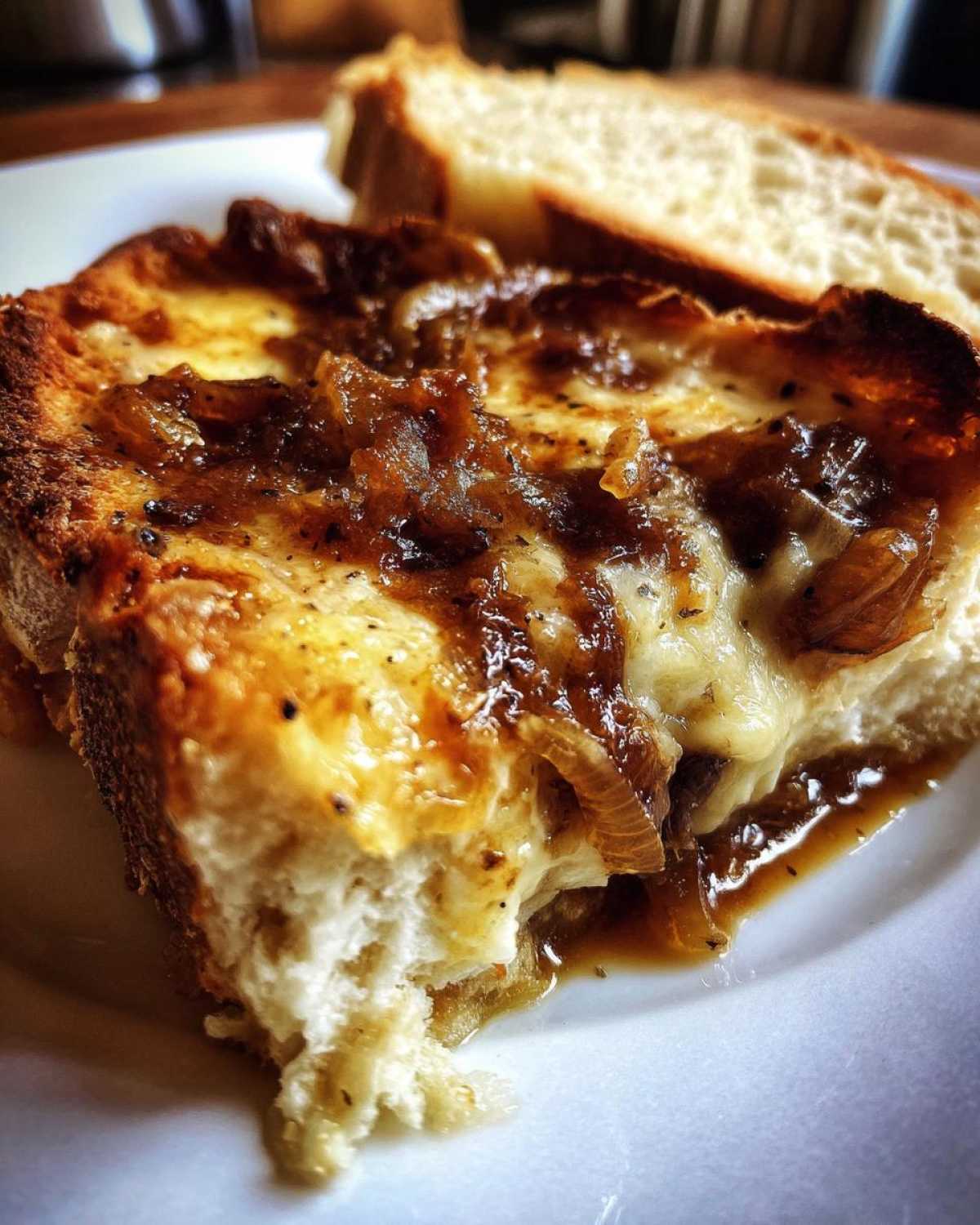 Close-up of cheesy, caramelized onions topping bread, inspired by Instant Pot French Onion Soup.