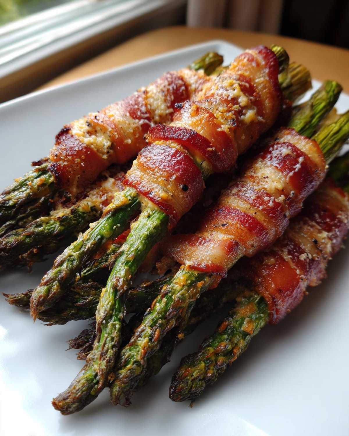 Close-up of perfectly cooked Keto Bacon Wrapped Asparagus Bundles seasoned with cheese.