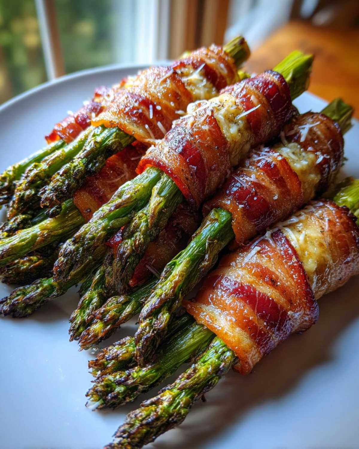 Close-up of perfectly cooked Keto Bacon Wrapped Asparagus Bundles, topped with melted cheese.