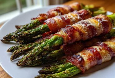 Close-up of perfectly cooked Keto Bacon Wrapped Asparagus Bundles, featuring crispy bacon and melted cheese.