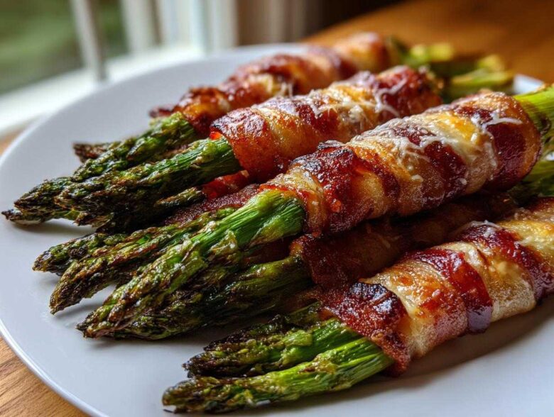 Close-up of perfectly cooked Keto Bacon Wrapped Asparagus Bundles, featuring crispy bacon and melted cheese.