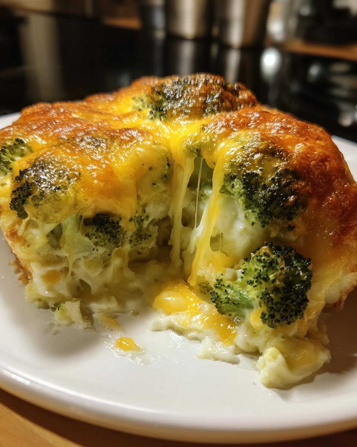 Close-up of a serving of Keto Cheesy Broccoli Casserole with melted, gooey cheese stretching as it's pulled apart.