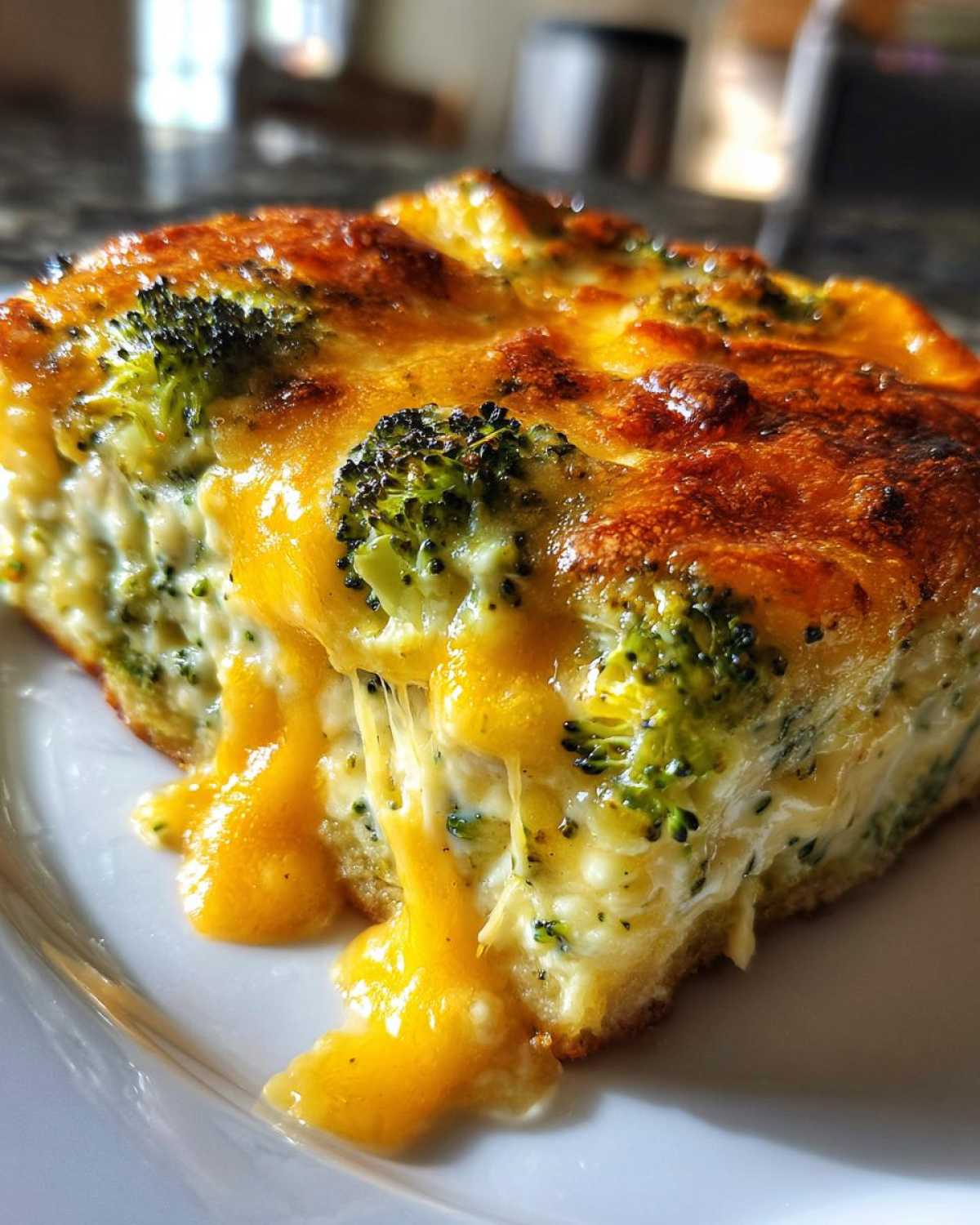 Close-up of a slice of Keto Cheesy Broccoli Casserole with melted, gooey cheese stretching out.