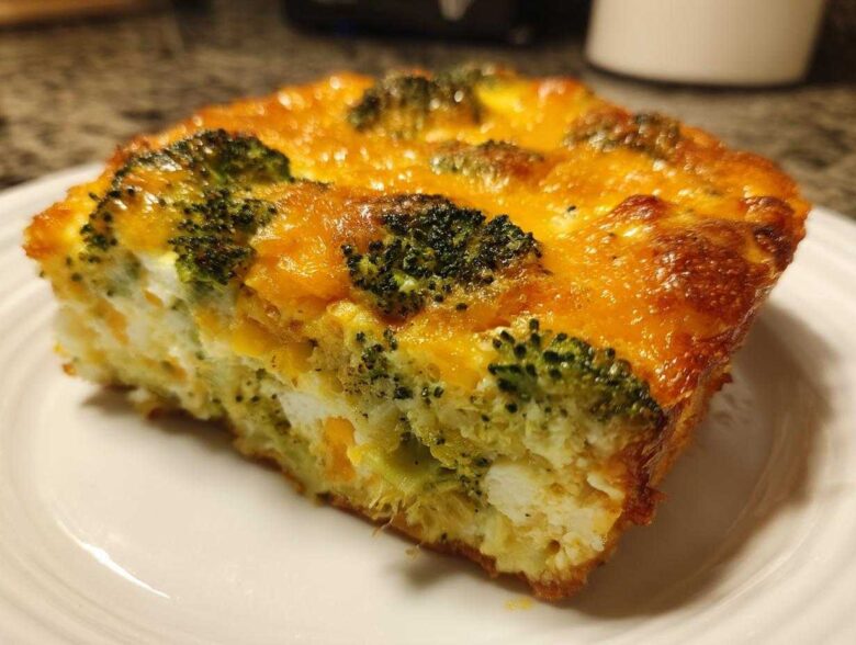 A close-up of a square slice of Keto Cheesy Broccoli Casserole with melted cheddar cheese topping.