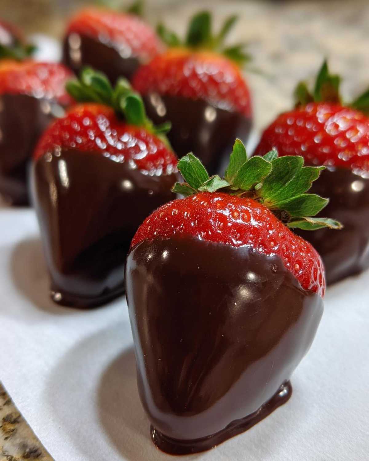 A close-up of fresh strawberries partially dipped in glossy dark chocolate, perfect for Keto Chocolate Covered Strawberries.