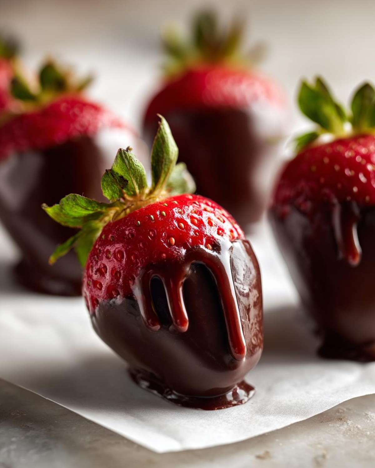 A close-up of a fresh strawberry partially dipped in dark chocolate, with chocolate dripping down the sides, part of a batch of Keto Chocolate Covered Strawberries.