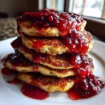 Stack of fluffy Keto Coconut Flour Pancakes topped with rich, vibrant berry sauce.