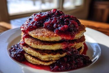 A stack of fluffy Keto Coconut Flour Pancakes topped generously with homemade berry sauce.