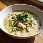 A white bowl filled with Keto Creamy Chicken Zoodle Soup, featuring shredded chicken, zucchini noodles, and fresh parsley garnish.