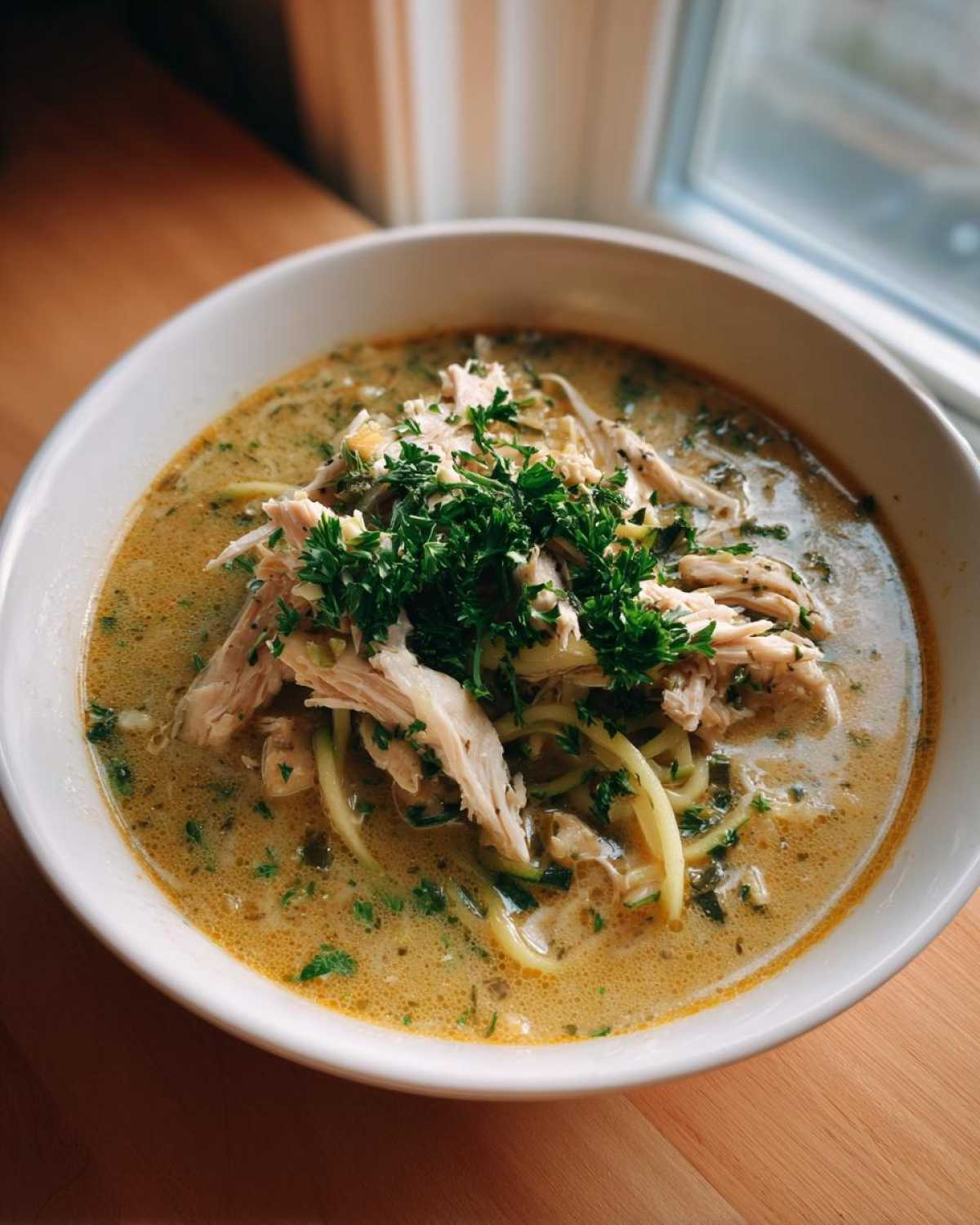 A close-up of a bowl of Keto Creamy Chicken Zoodle Soup, topped with shredded chicken and fresh parsley.