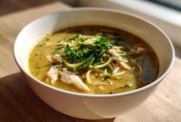 A close-up of a white bowl filled with Keto Creamy Chicken Zoodle Soup, featuring shredded chicken and zucchini noodles.