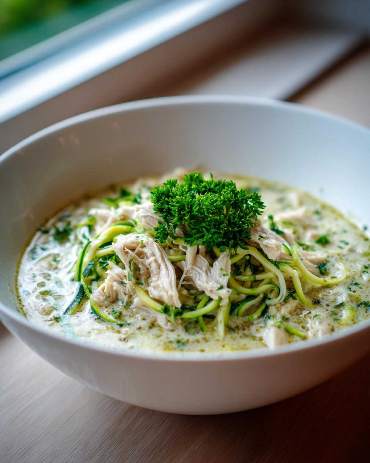 A white bowl filled with Keto Creamy Chicken Zoodle Soup, featuring shredded chicken and zucchini noodles.