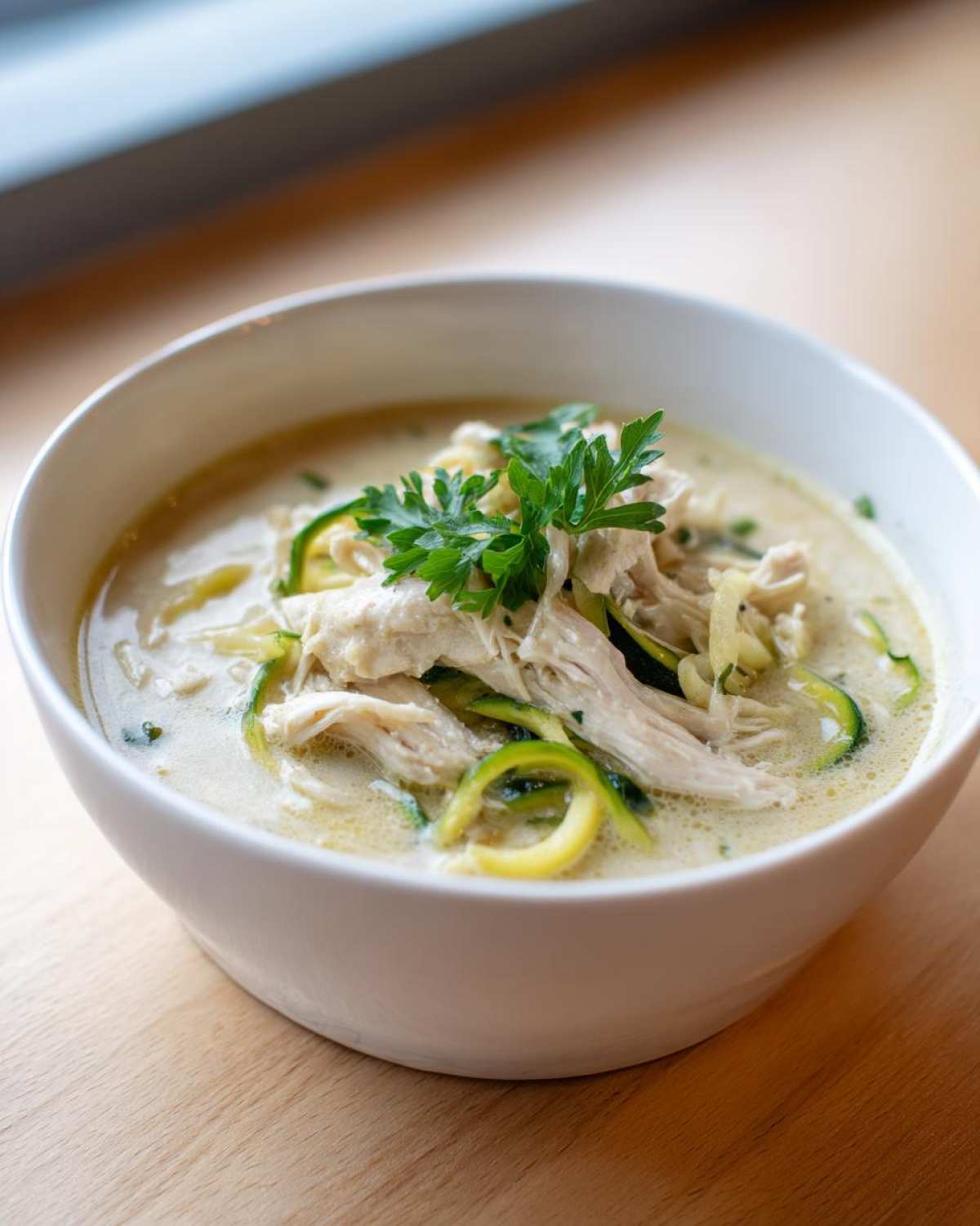 A close-up of a white bowl filled with Keto Creamy Chicken Zoodle Soup, featuring shredded chicken and zucchini noodles.
