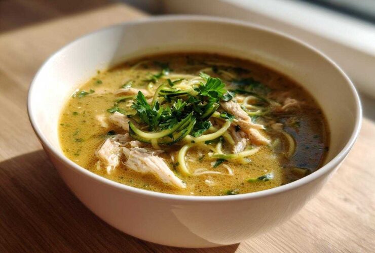 A close-up of a white bowl filled with Keto Creamy Chicken Zoodle Soup, featuring shredded chicken and zucchini noodles.