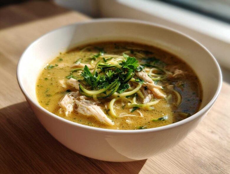 A close-up of a white bowl filled with Keto Creamy Chicken Zoodle Soup, featuring shredded chicken and zucchini noodles.