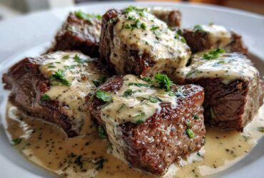 Close-up of seared Keto Creamy Peppercorn Steak Bites smothered in a rich, creamy sauce and garnished with parsley.