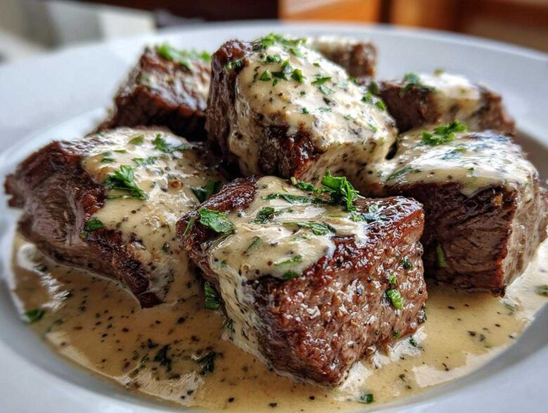 Close-up of seared Keto Creamy Peppercorn Steak Bites smothered in a rich, creamy sauce and garnished with parsley.