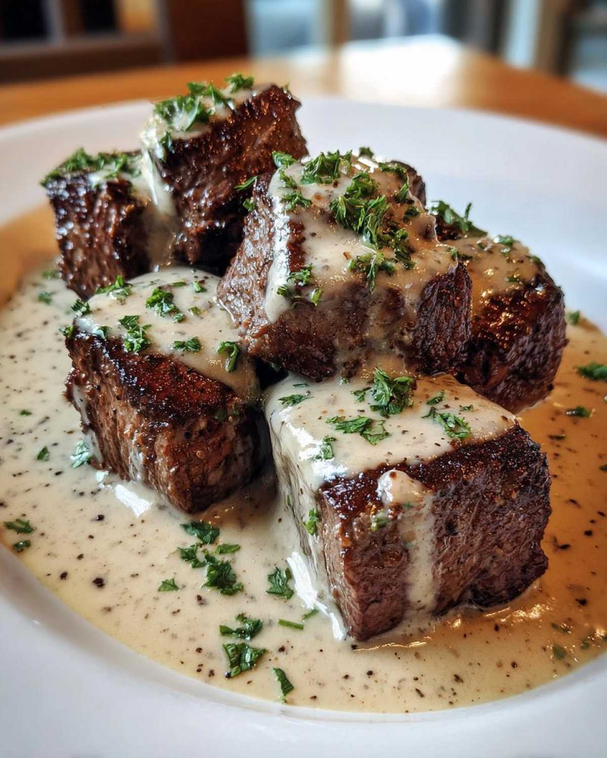 Close-up of seared Keto Creamy Peppercorn Steak Bites covered in a rich, speckled cream sauce and fresh parsley.