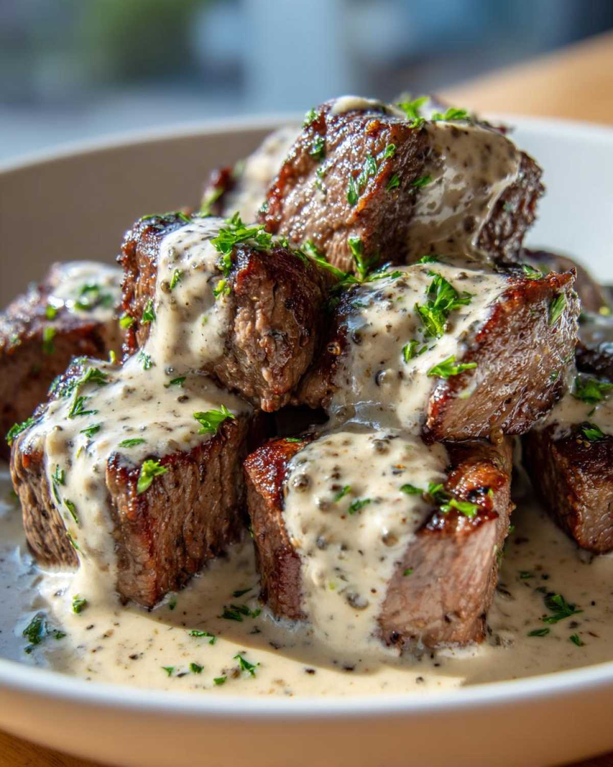 Close-up of seared Keto Creamy Peppercorn Steak Bites generously covered in a rich, creamy peppercorn sauce and garnished with parsley.