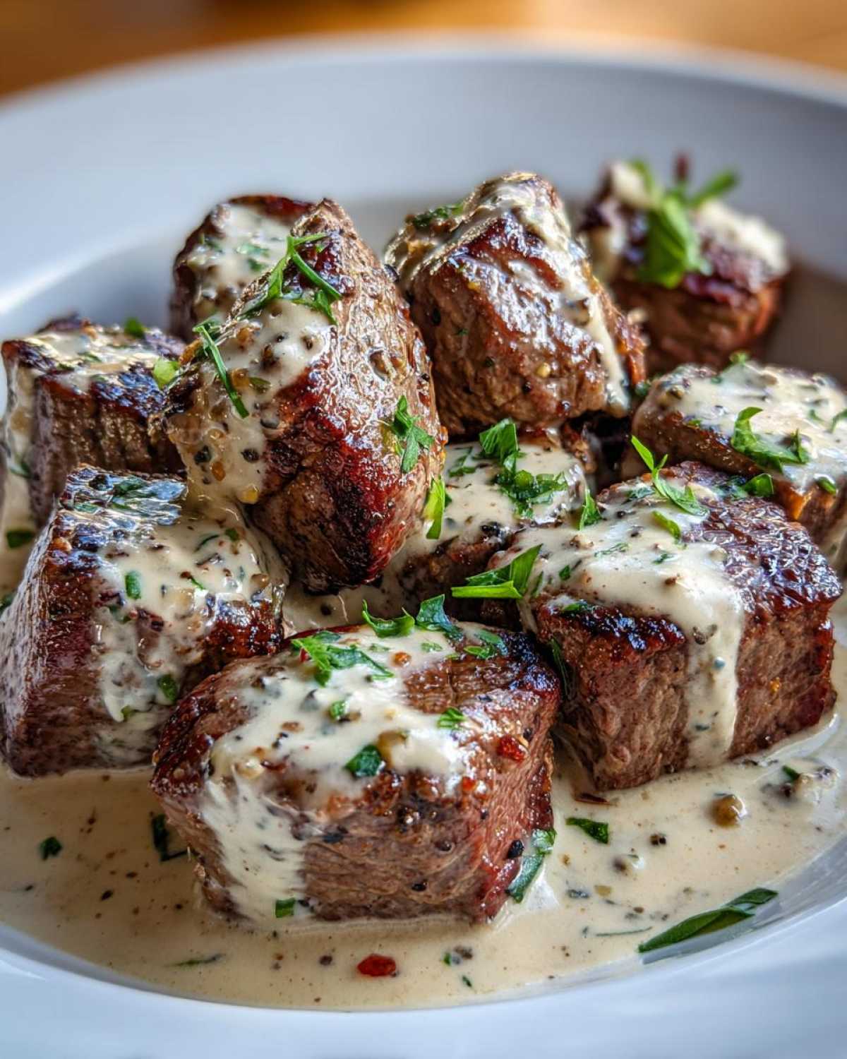 Close-up of seared Keto Creamy Peppercorn Steak Bites smothered in a rich, creamy sauce with visible peppercorns and parsley.