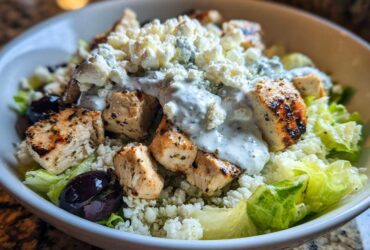 Close-up of Keto Greek Chicken Bowls featuring grilled chicken, cauliflower rice, olives, and tzatziki sauce.