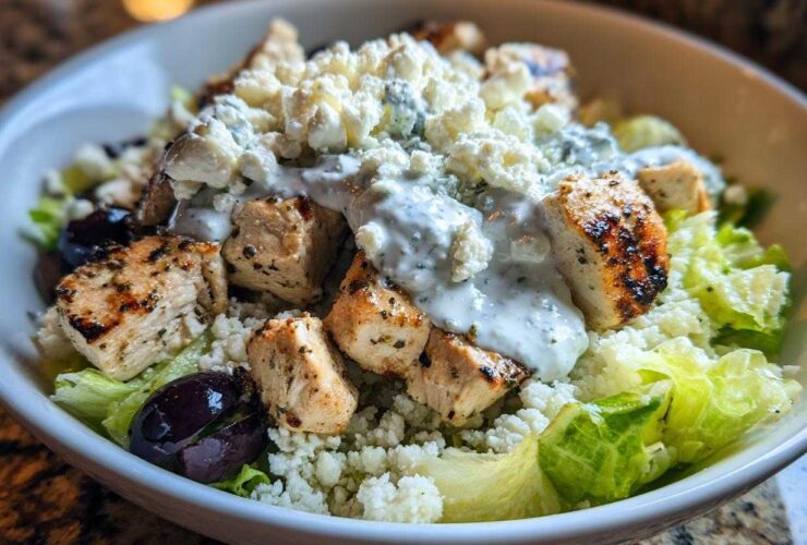 Close-up of Keto Greek Chicken Bowls featuring grilled chicken, cauliflower rice, olives, and tzatziki sauce.