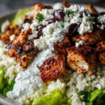 Close-up of seasoned chicken pieces over cauliflower rice, topped with feta, olives, and creamy Tzatziki sauce in Keto Greek Chicken Bowls.