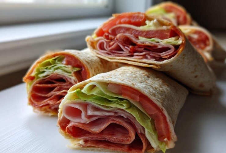 Several cross-sections of Keto Italian Sub Roll-Ups showing layers of deli meat, lettuce, and tomato wrapped in a tortilla.