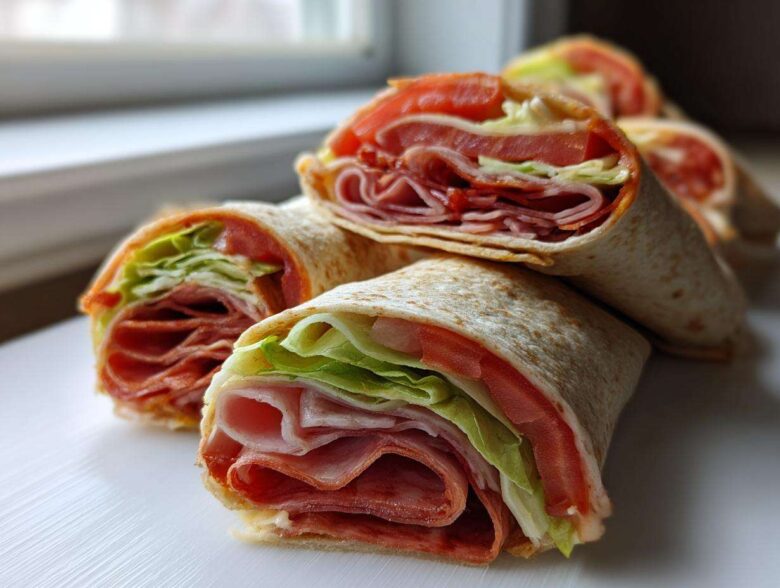 Several cross-sections of Keto Italian Sub Roll-Ups showing layers of deli meat, lettuce, and tomato wrapped in a tortilla.
