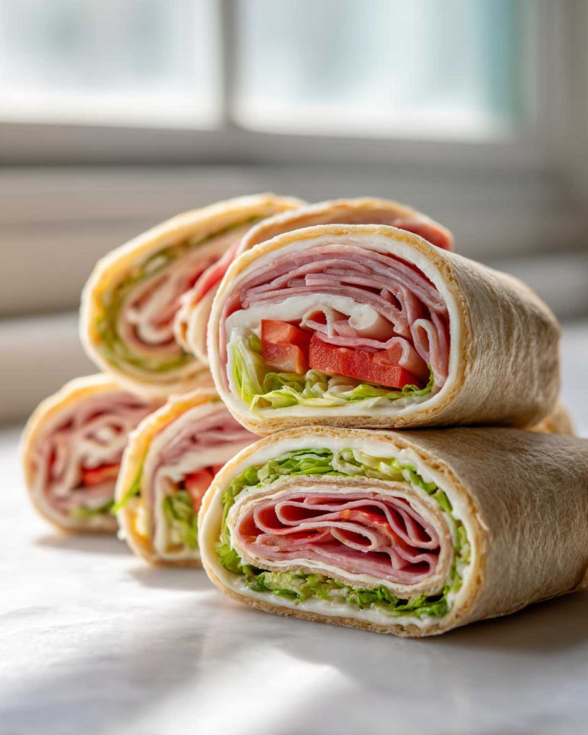 A stack of freshly made Keto Italian Sub Roll-Ups showing layers of deli meat, cheese, lettuce, and tomato inside a low-carb wrap.
