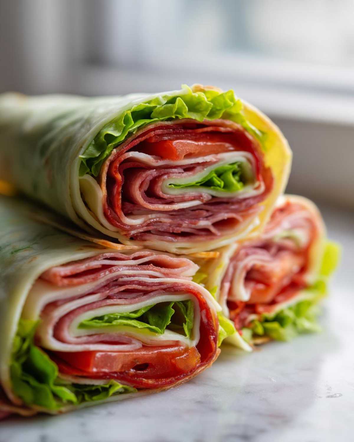 Close-up of stacked Keto Italian Sub Roll-Ups showing layers of deli meat, cheese, tomato, and lettuce.