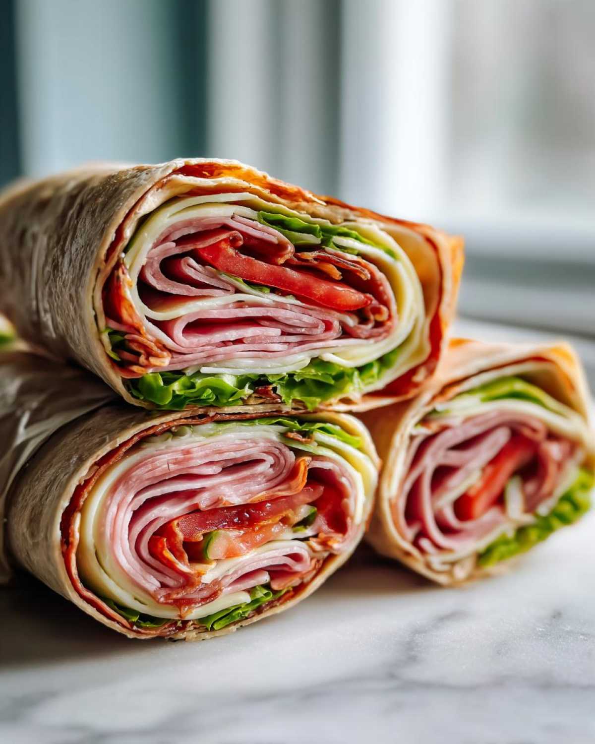 Three cross-sections of Keto Italian Sub Roll-Ups showing layers of deli meat, cheese, lettuce, and tomato.