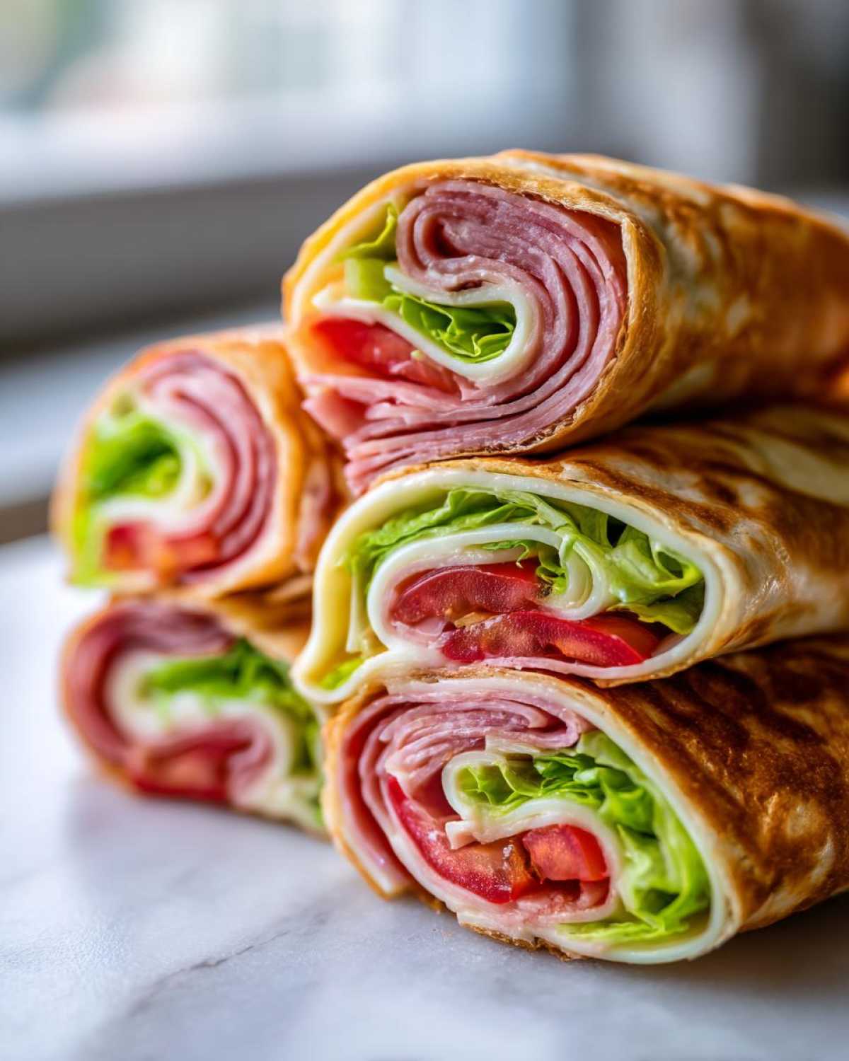 Close-up of stacked Keto Italian Sub Roll-Ups showing layers of deli meat, cheese, lettuce, and tomato inside a low-carb wrap.