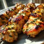 Close-up of perfectly grilled Keto Lemon Garlic Chicken Skewers, glistening and topped with fresh parsley.