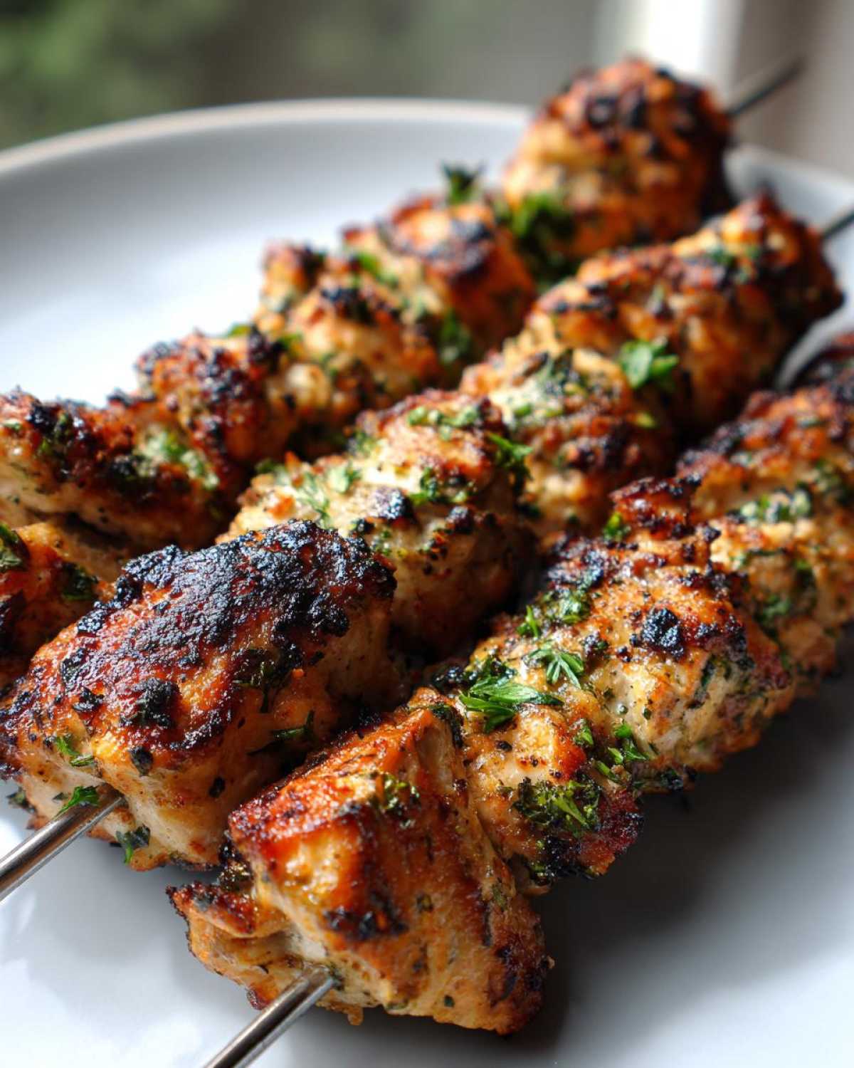Close-up of perfectly grilled Keto Lemon Garlic Chicken Skewers seasoned with herbs.