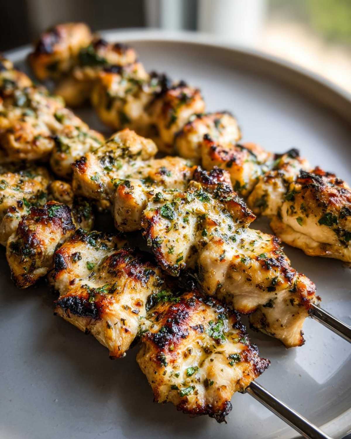 Close-up of perfectly grilled Keto Lemon Garlic Chicken Skewers seasoned with herbs, resting on a gray plate.