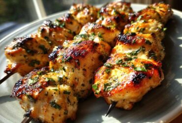 Close-up of perfectly grilled Keto Lemon Garlic Chicken Skewers, glistening and topped with fresh parsley.