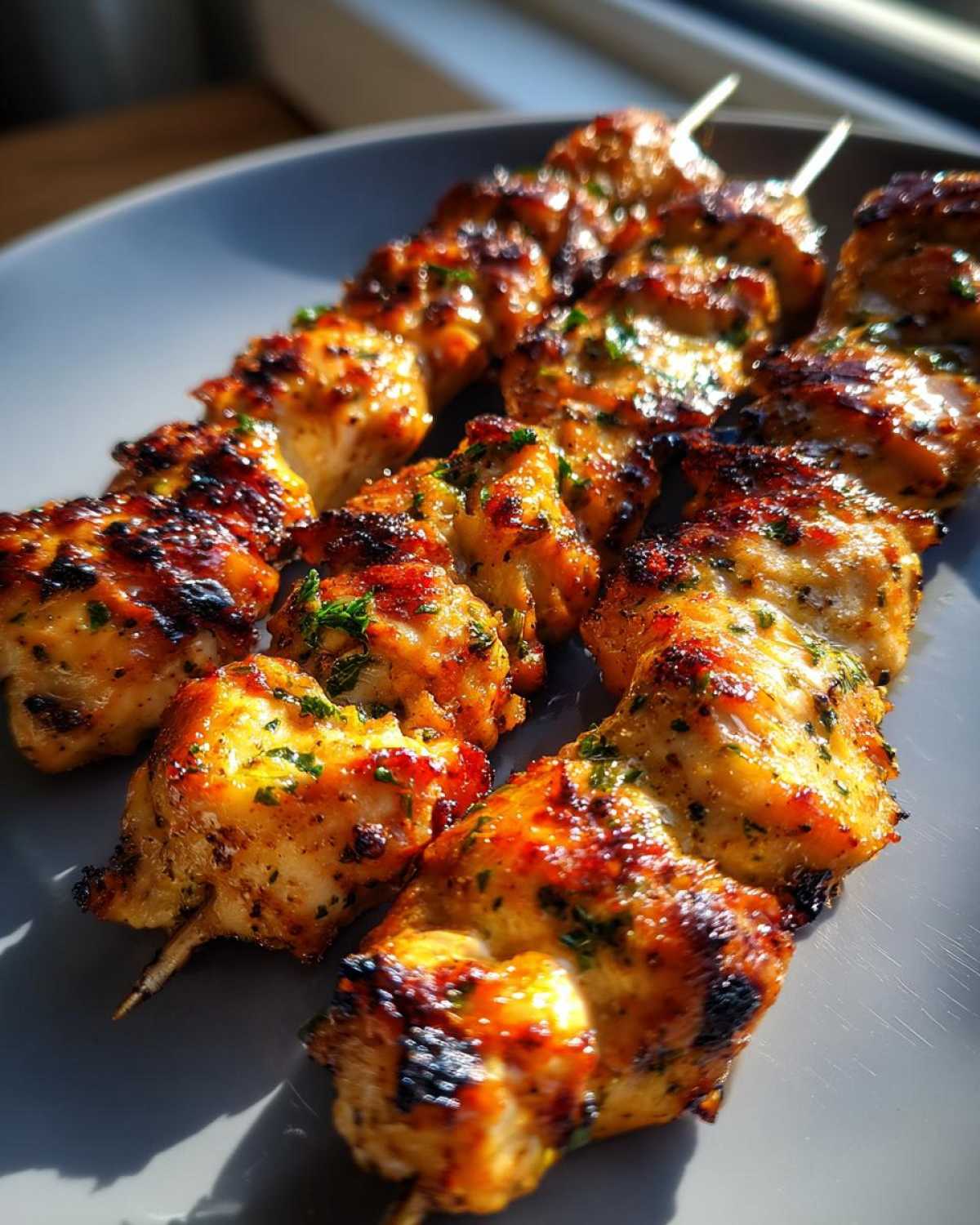 Close-up of three grilled Keto Lemon Garlic Chicken Skewers, glistening with marinade and herbs, resting on a grey plate.