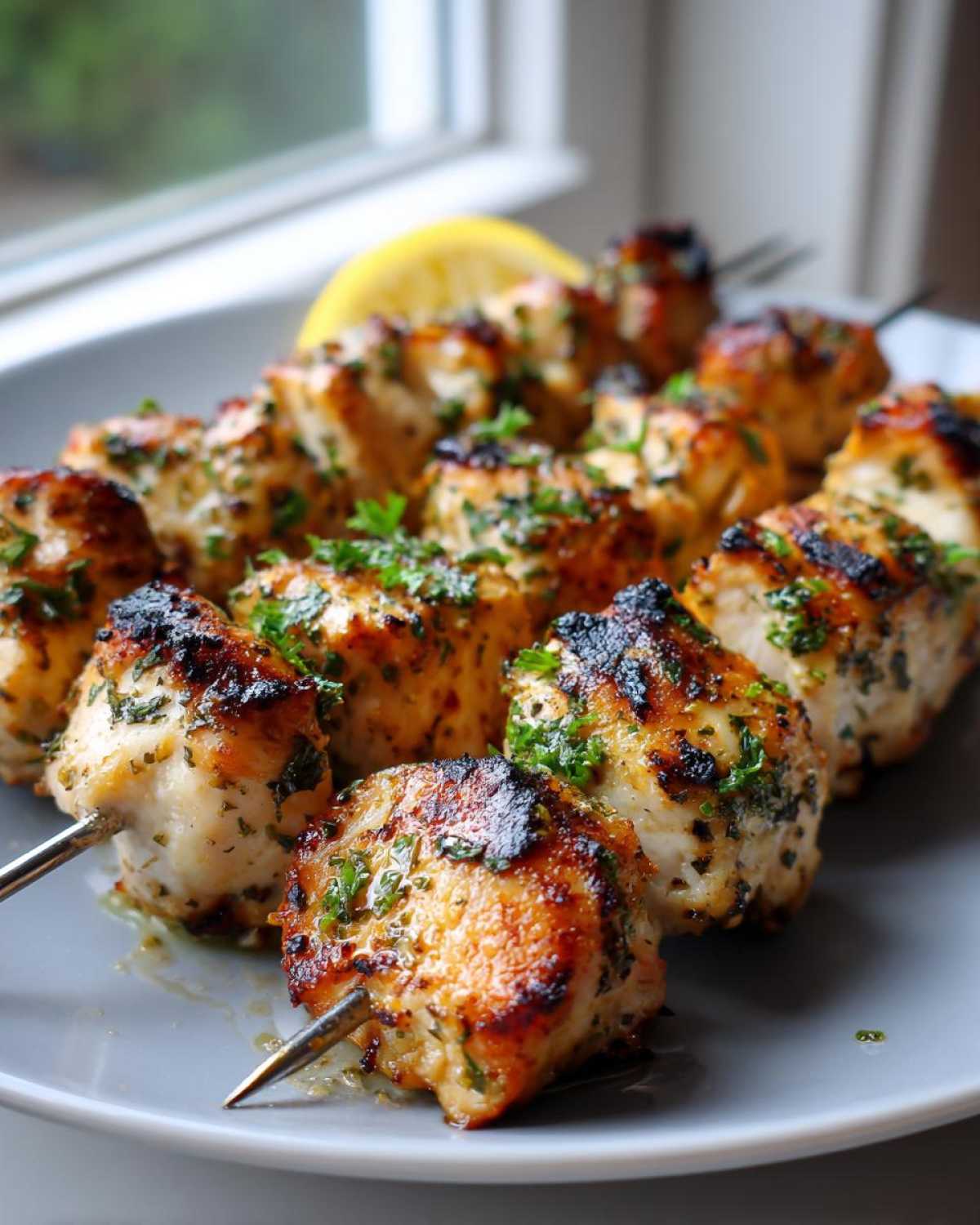 Close-up of grilled Keto Lemon Garlic Chicken Skewers, glistening with marinade and topped with parsley, served on a gray plate.