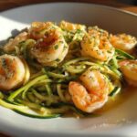 Close-up of Keto Shrimp Scampi Zucchini Noodles served in a white bowl with melted butter sauce.