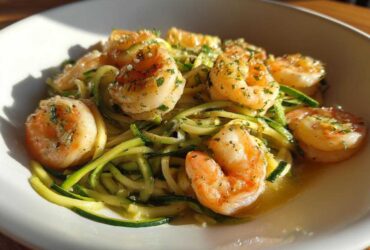 Close-up of Keto Shrimp Scampi Zucchini Noodles served in a white bowl with melted butter sauce.