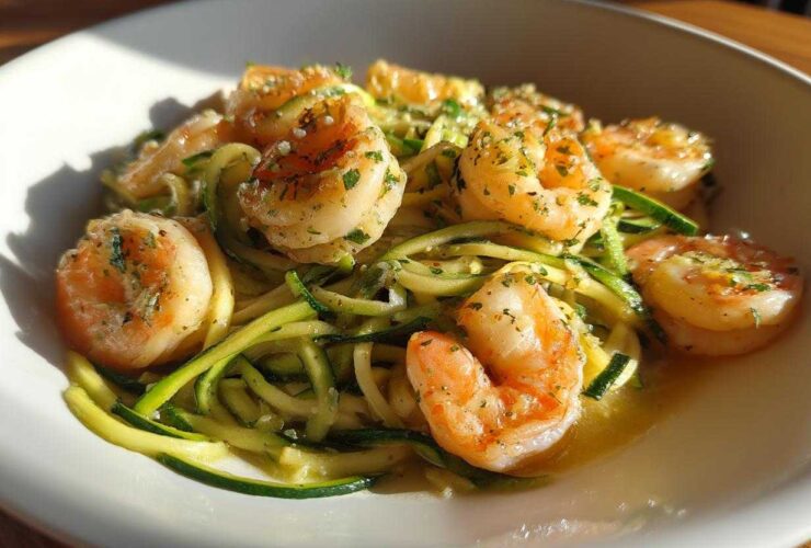 Close-up of Keto Shrimp Scampi Zucchini Noodles served in a white bowl with melted butter sauce.
